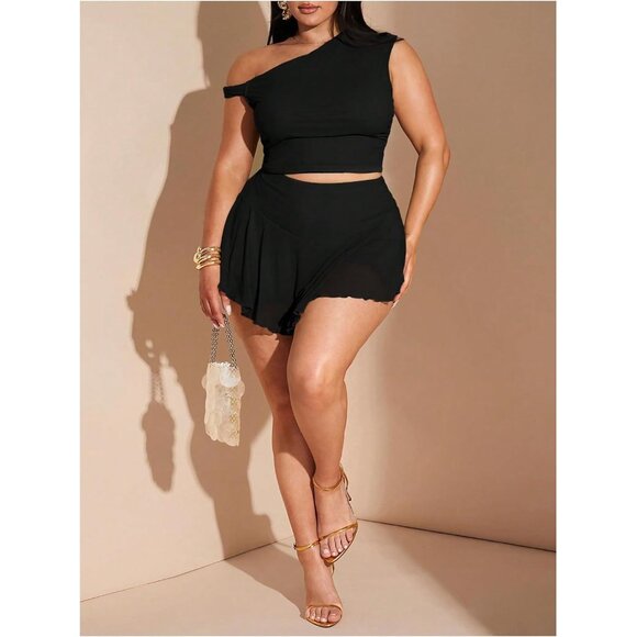 Plus Size Women's Mesh Two Piece Outfit Crop Top Ruffle Skirt Summer Set - Picture 5 of 5